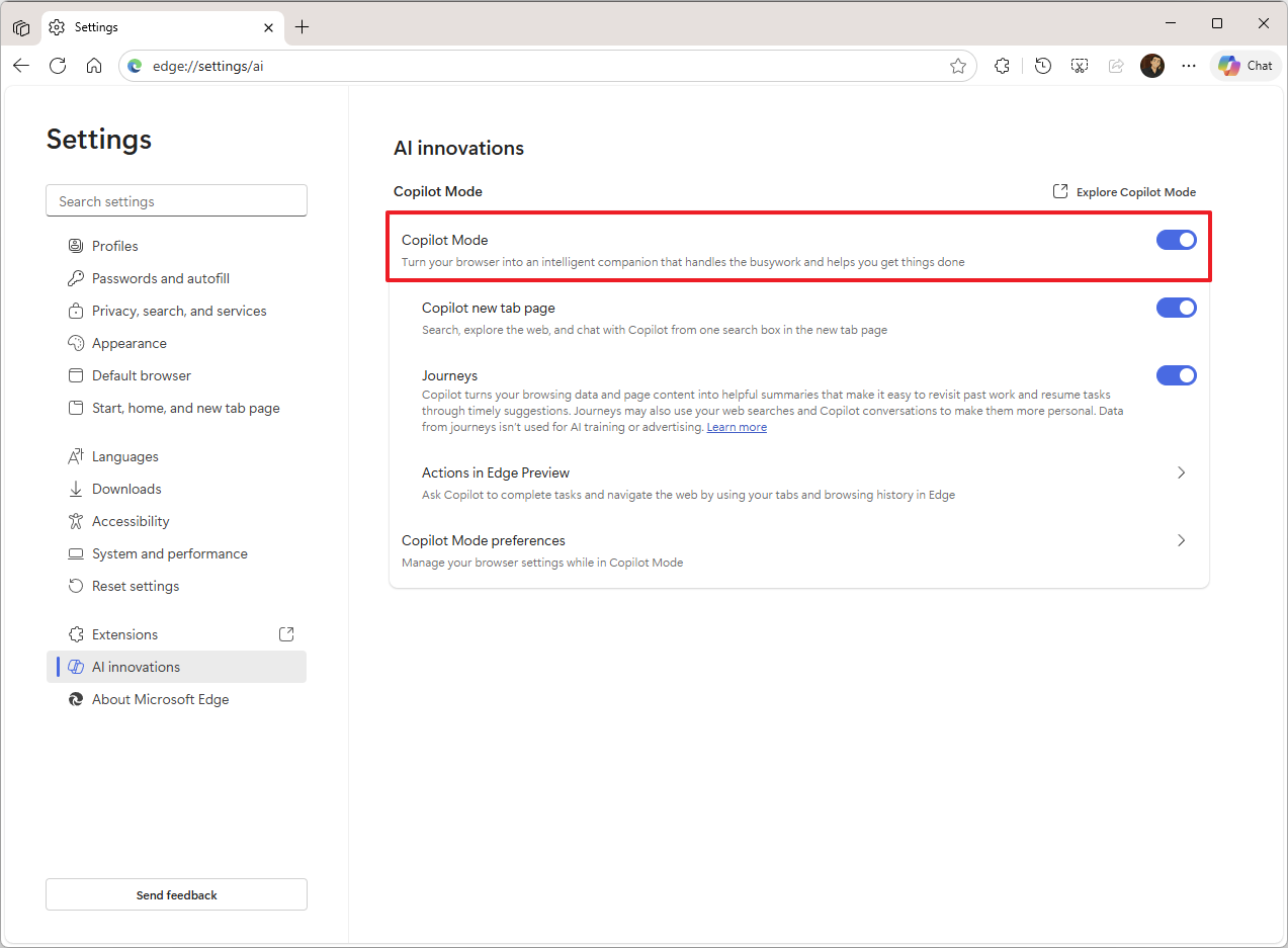 Microsoft Edge enable Copilot Mode