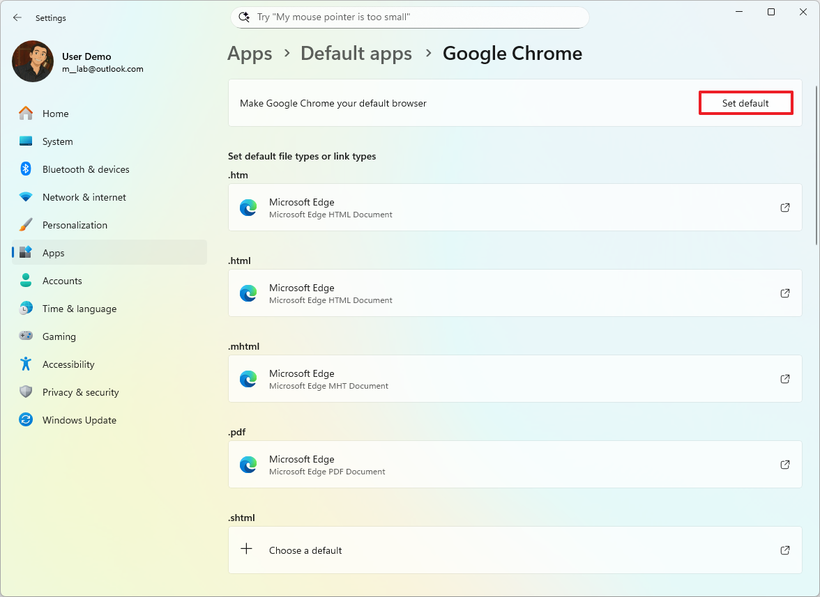 Windows 11 set Chrome default browser
