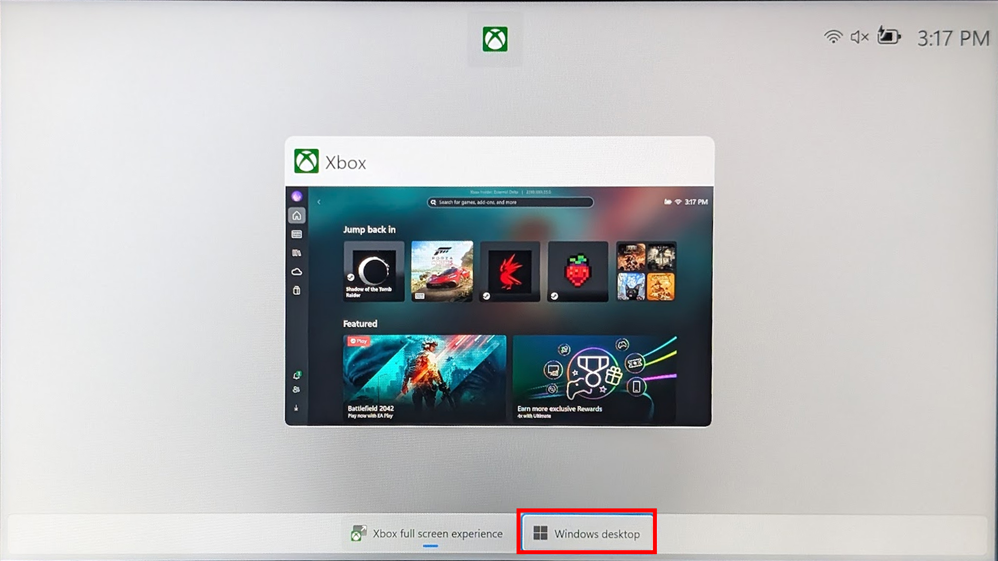 Скриншот, сделанный на Xbox Ally X, показывающий рабочий стол Windows, выбранный в полноэкранном режиме Xbox.