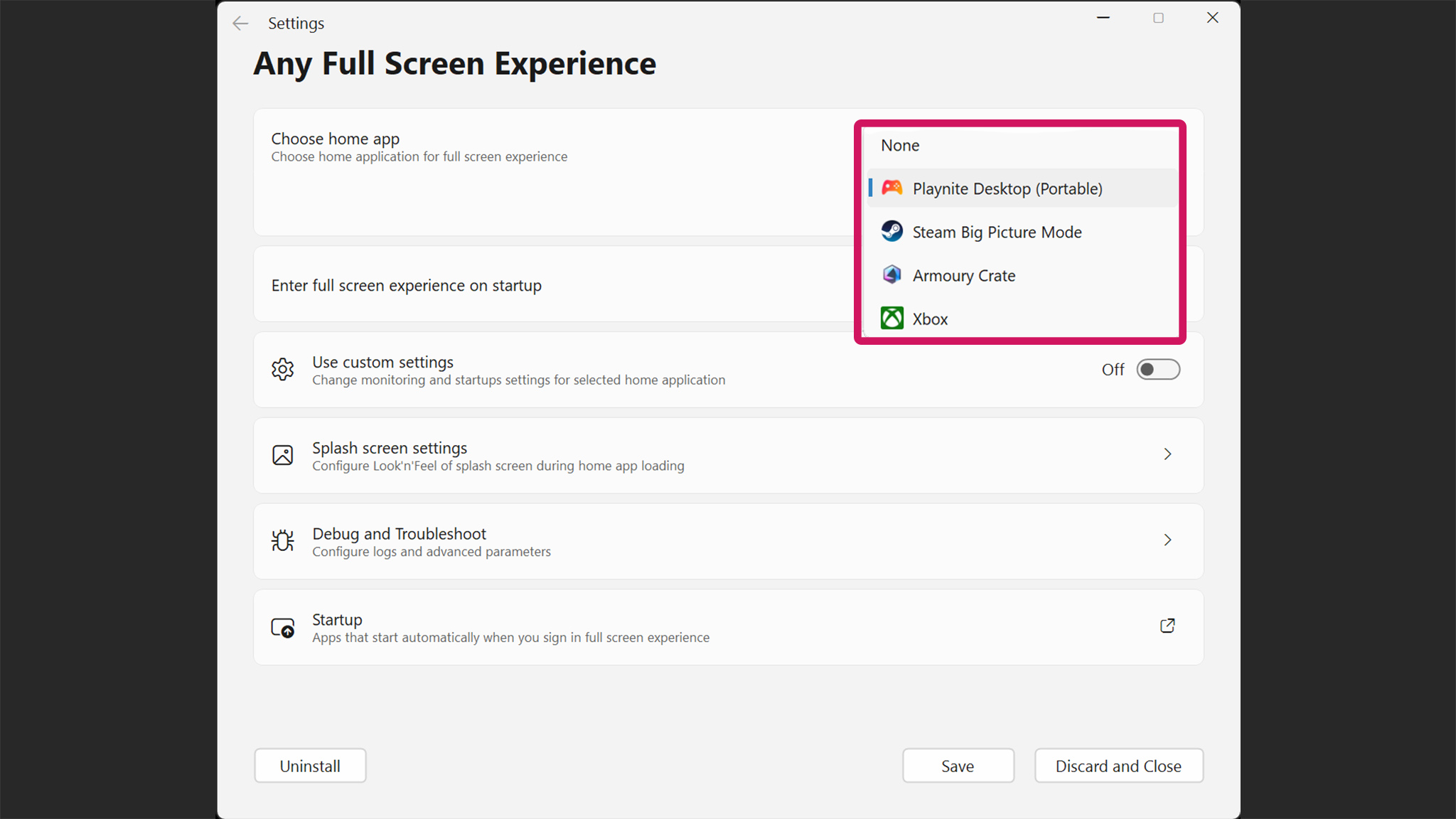 Утилита AnyFSE, показывающая Playnite, Steam Big Picture Mode, Armoury Crate и Xbox как опции для домашнего приложения.