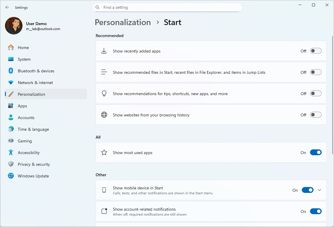 Start menu Recommended settings