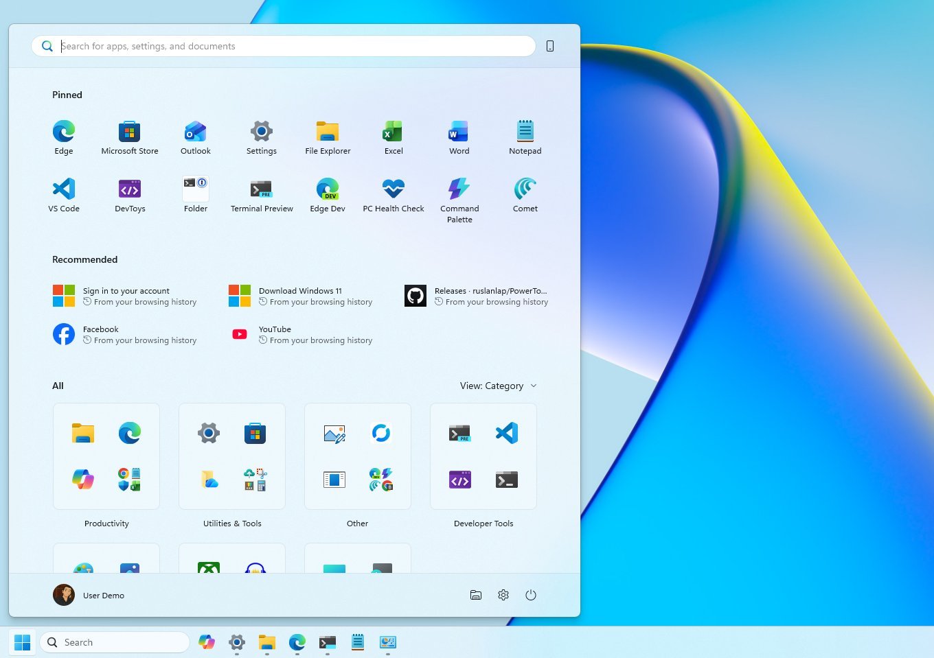 Start menu with Recommended and All sections