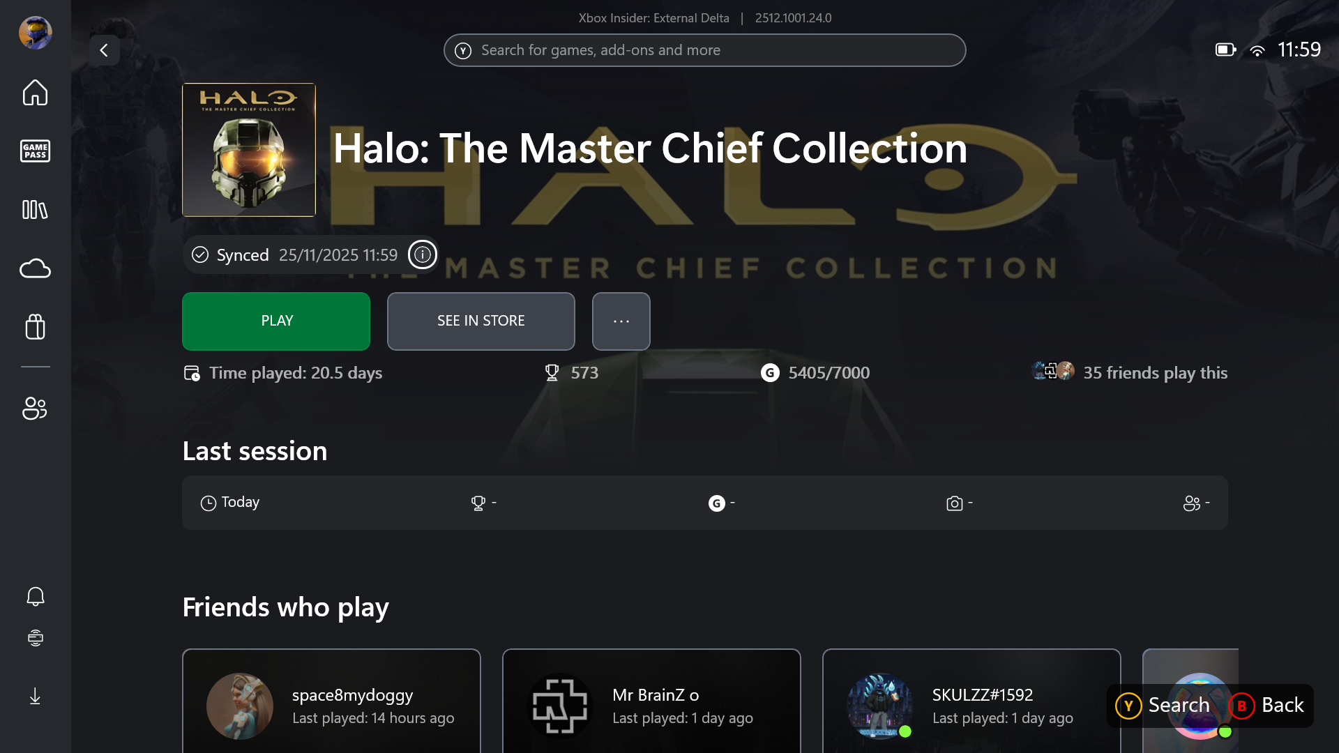 Xbox app showing games with cloud save indicator
