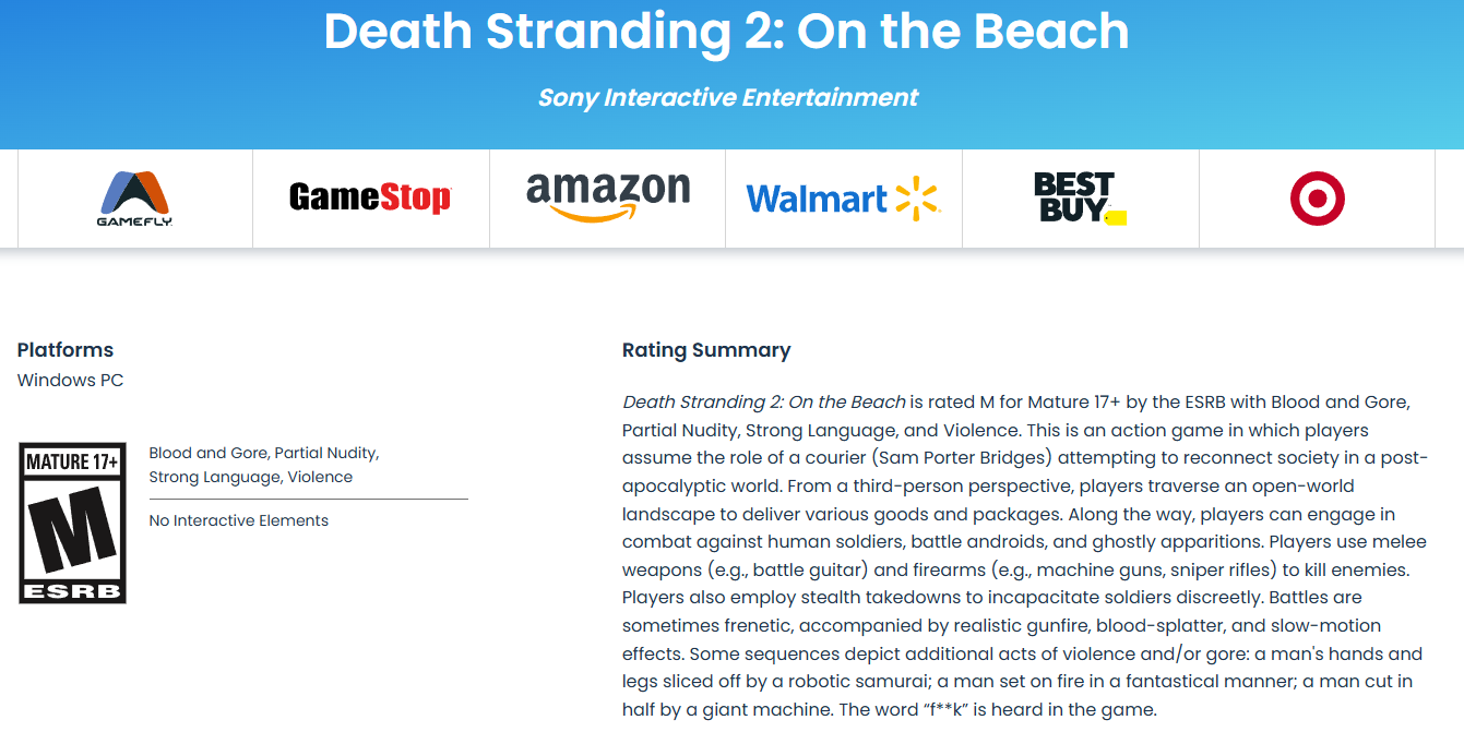 Death Stranding 2: On the Beach's ESRB rating