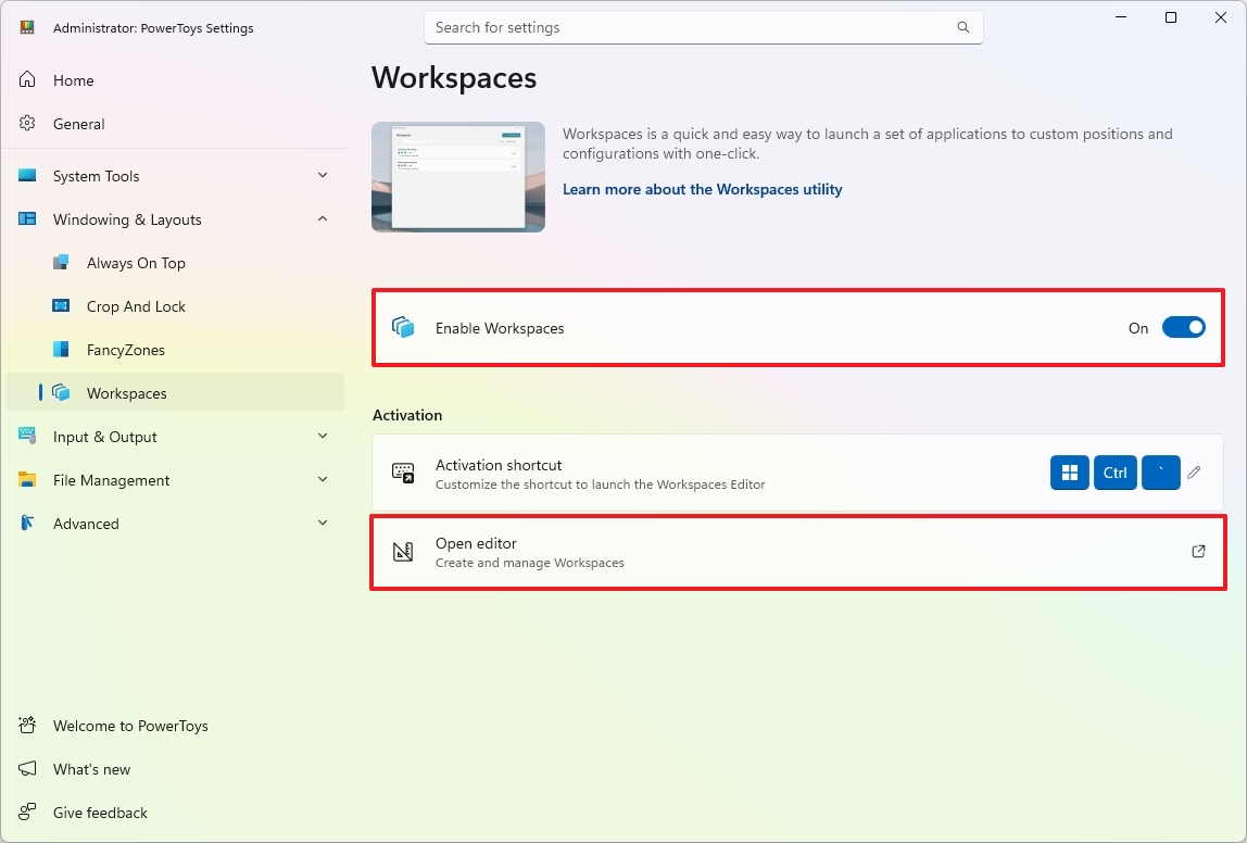 Enable Workspaces in PowerToys