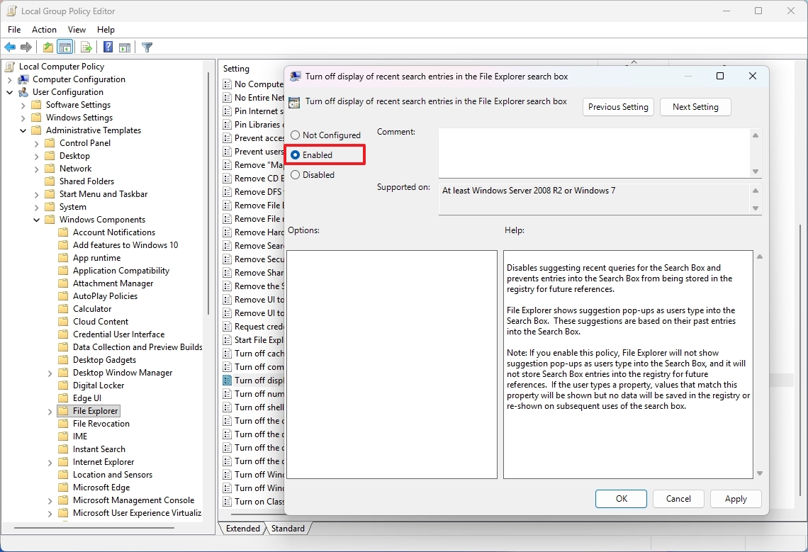 Group Policy disable web searches in Windows Search