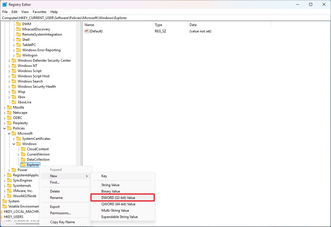 Registry create DWORD in Explorer