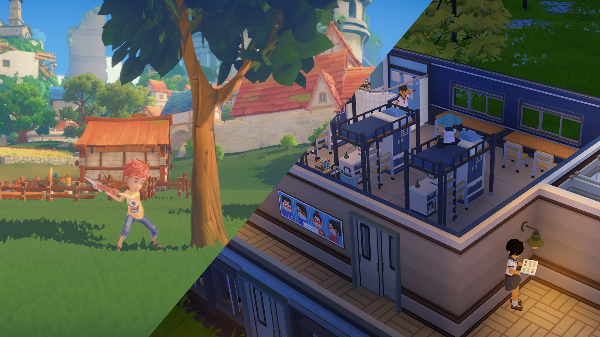 In-game screenshots of My Time at Portia and Let's School