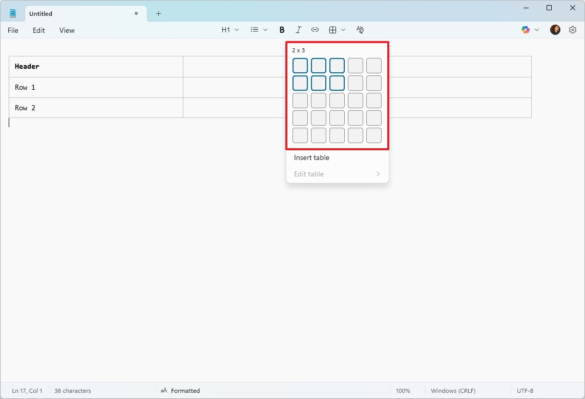 Notepad add table UI