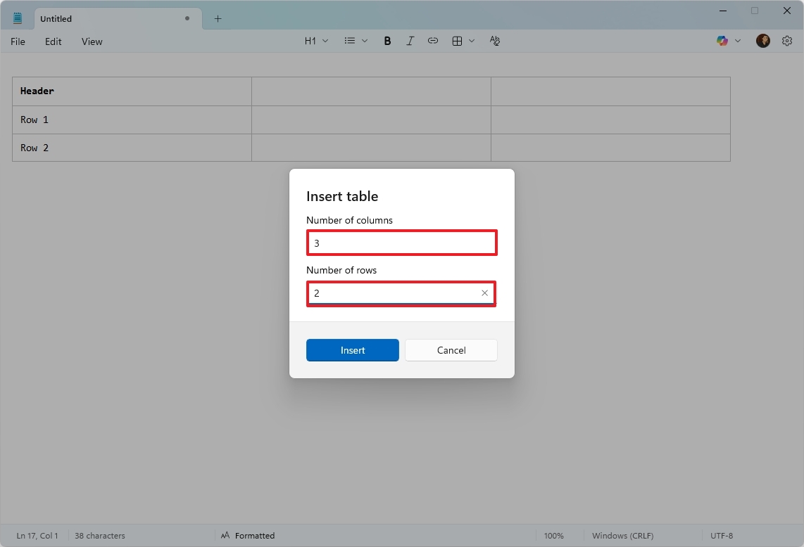 Notepad table wizard