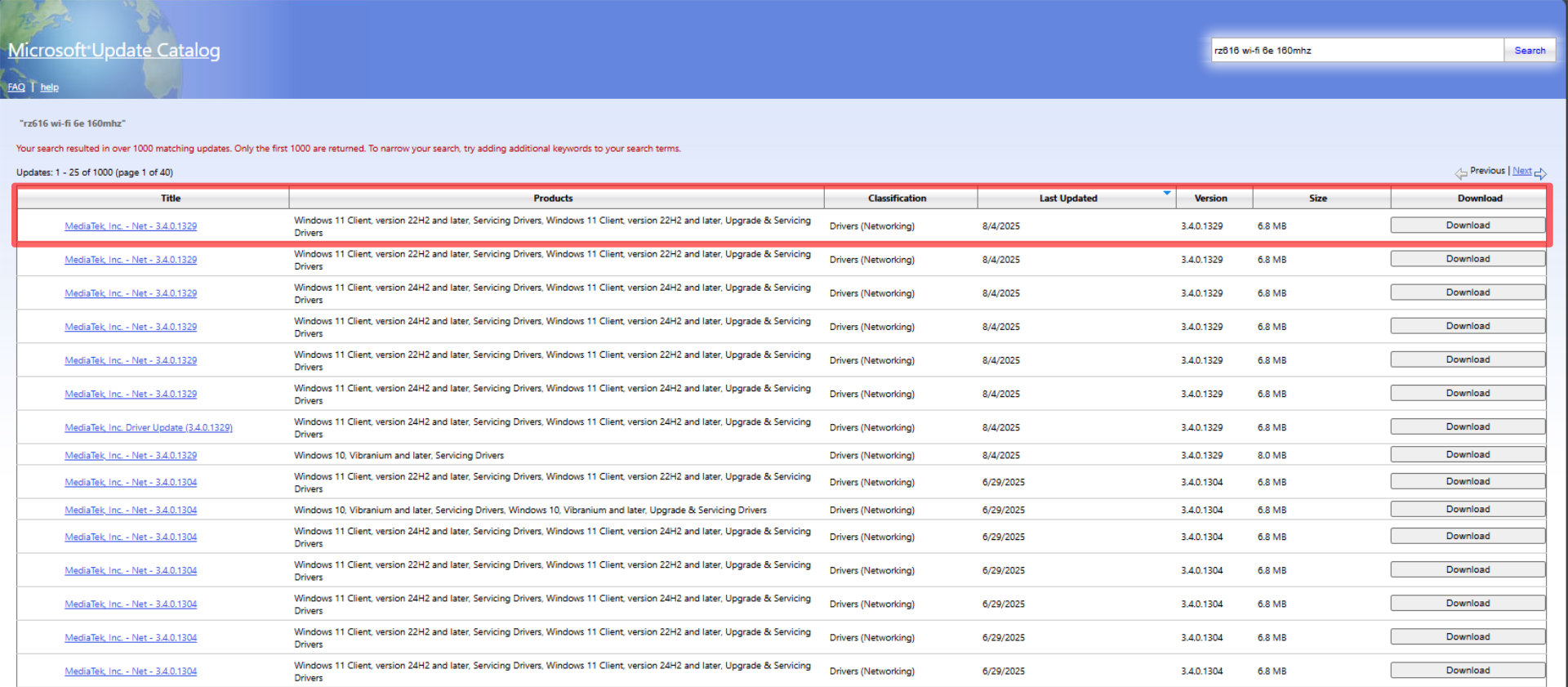 Страница загрузки драйвера WLAN для драйверов MediaTek Wi-Fi