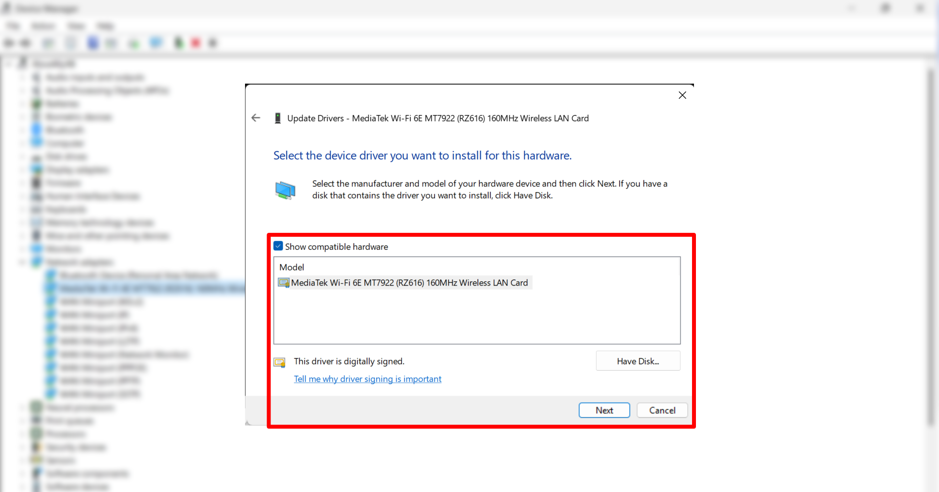 Установка нового драйвера WLAN в Windows 11