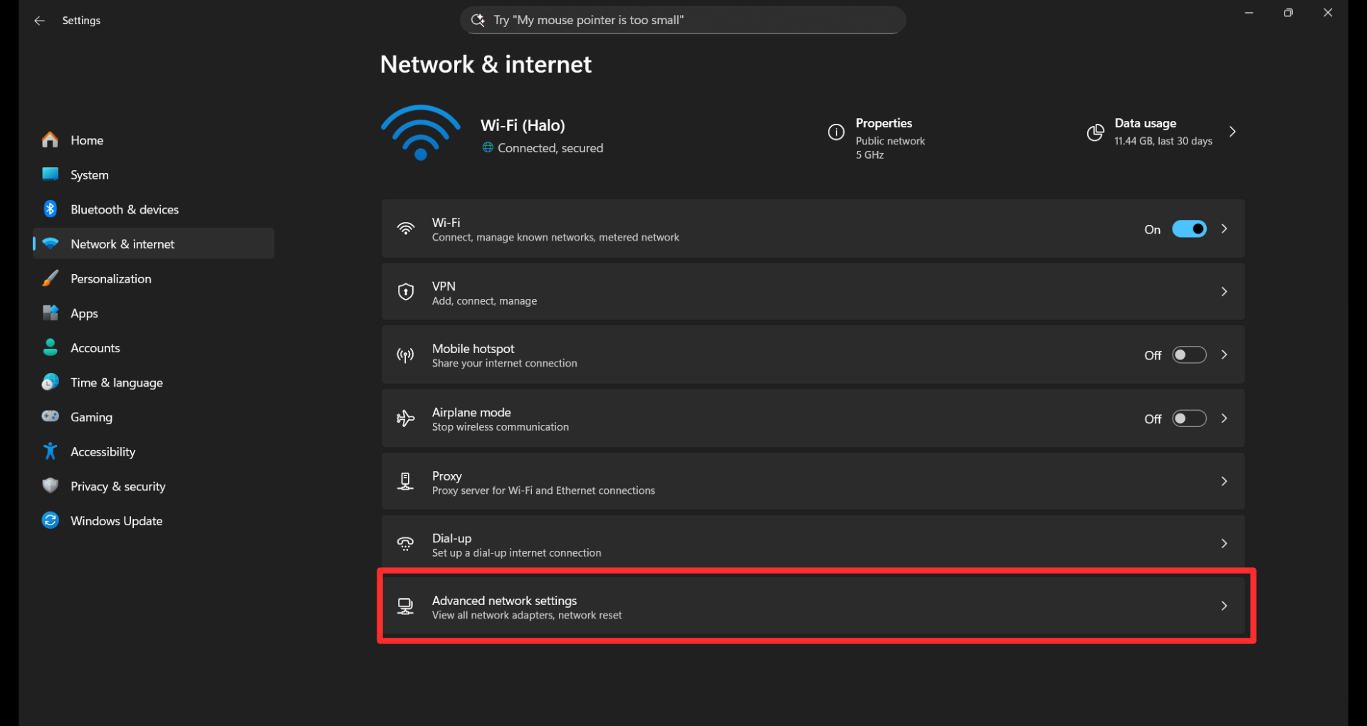 Параметр «Дополнительные параметры сети» в Windows 11