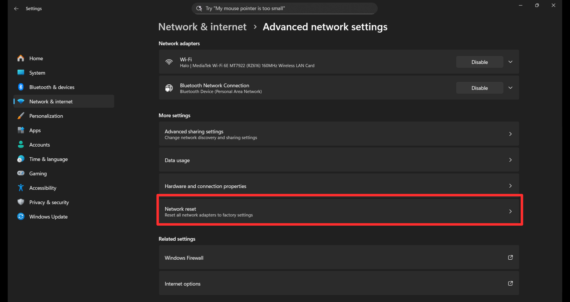 Параметр «Сброс сети» в дополнительных параметрах сети Windows 11