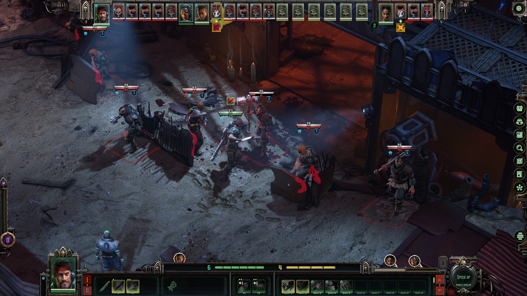 Press kit screenshots of Warhammer 40,000: Dark Heresy's turn-based combat system.