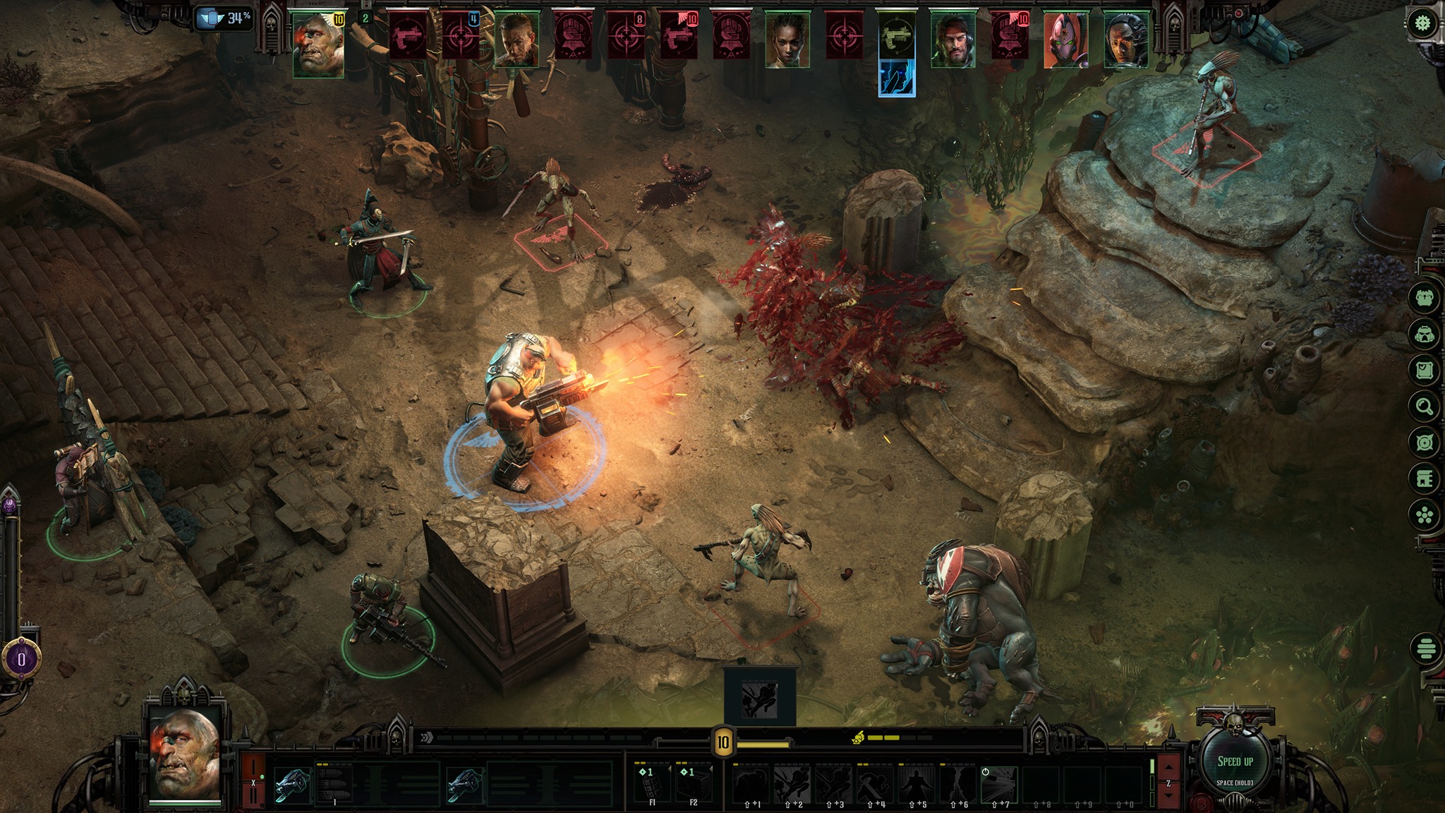 Press kit screenshots of Warhammer 40,000: Dark Heresy's turn-based combat system.