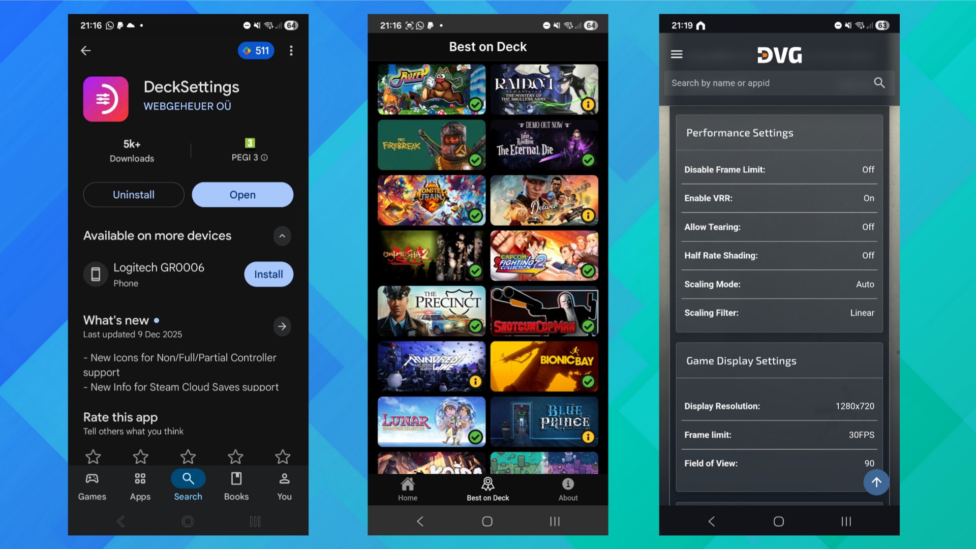 3 screenshots on an Android device of the DeckSettings app