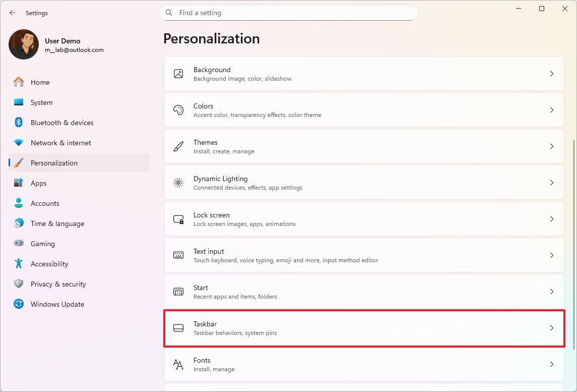 Windows 11 открывает настройки панели задач