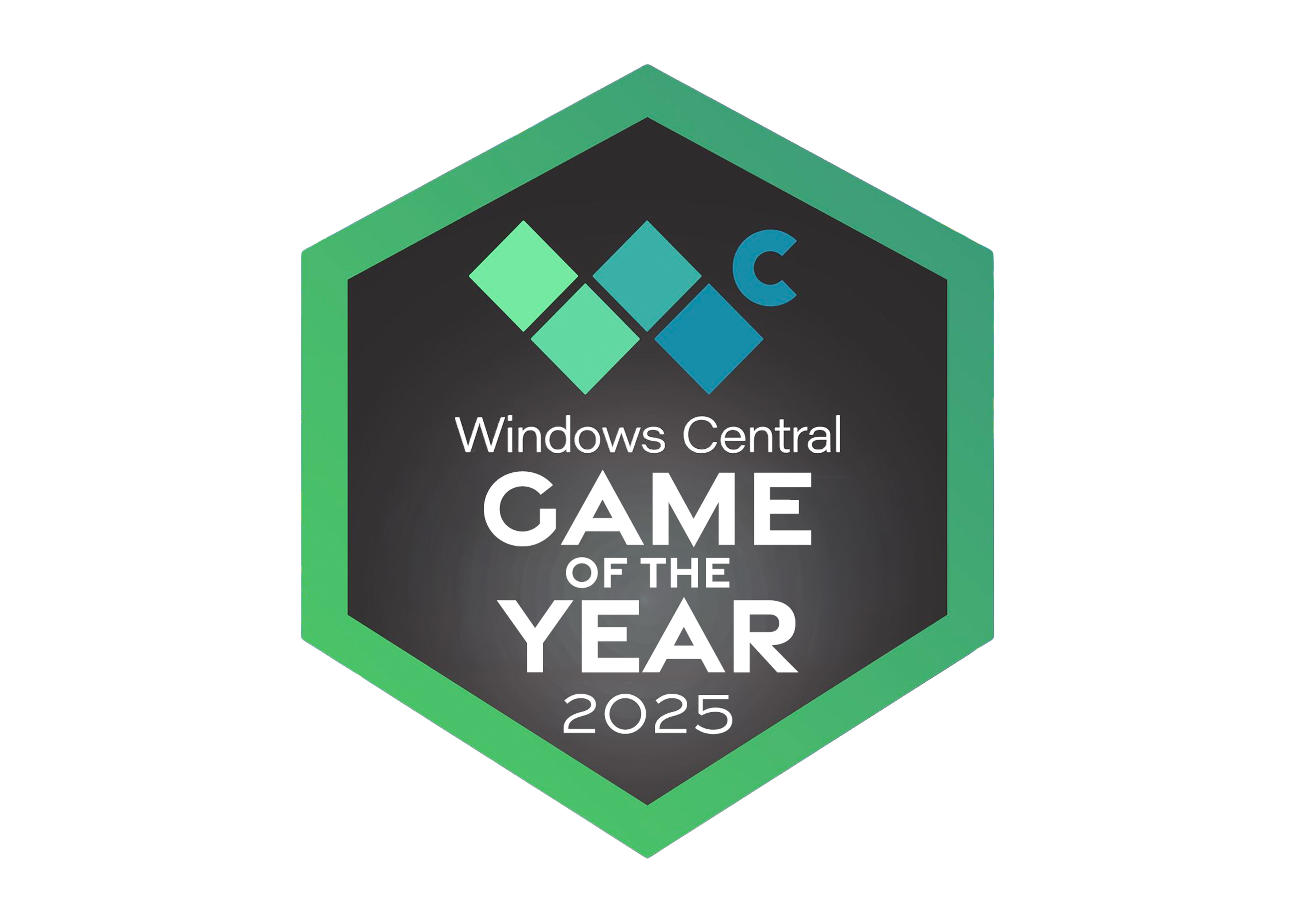 A green hexagon-shaped badge with a black center that says ![