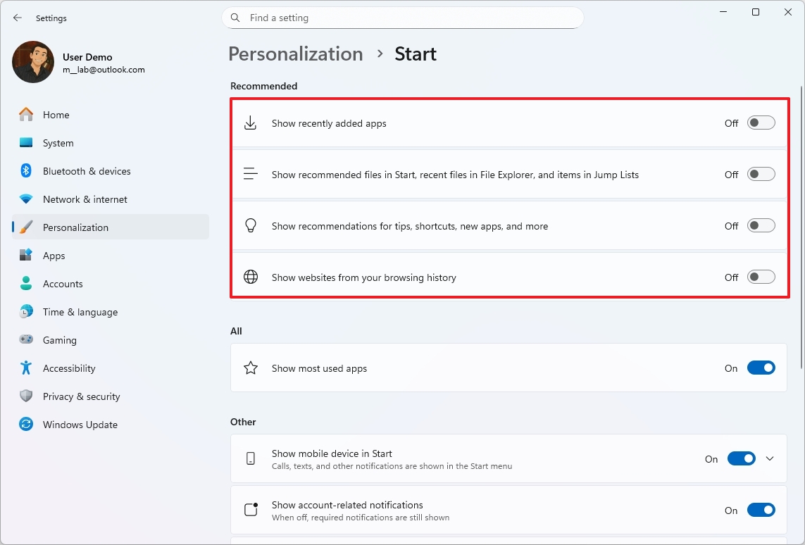 Start menu disabling recommended section