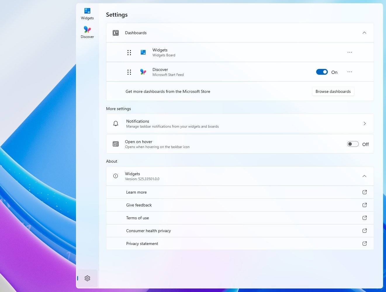 Widgets board new settings page