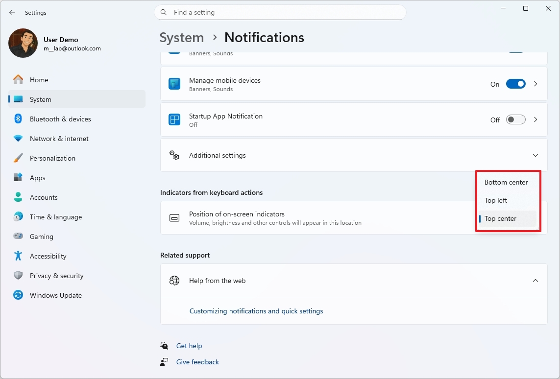Position of on-screen indicators