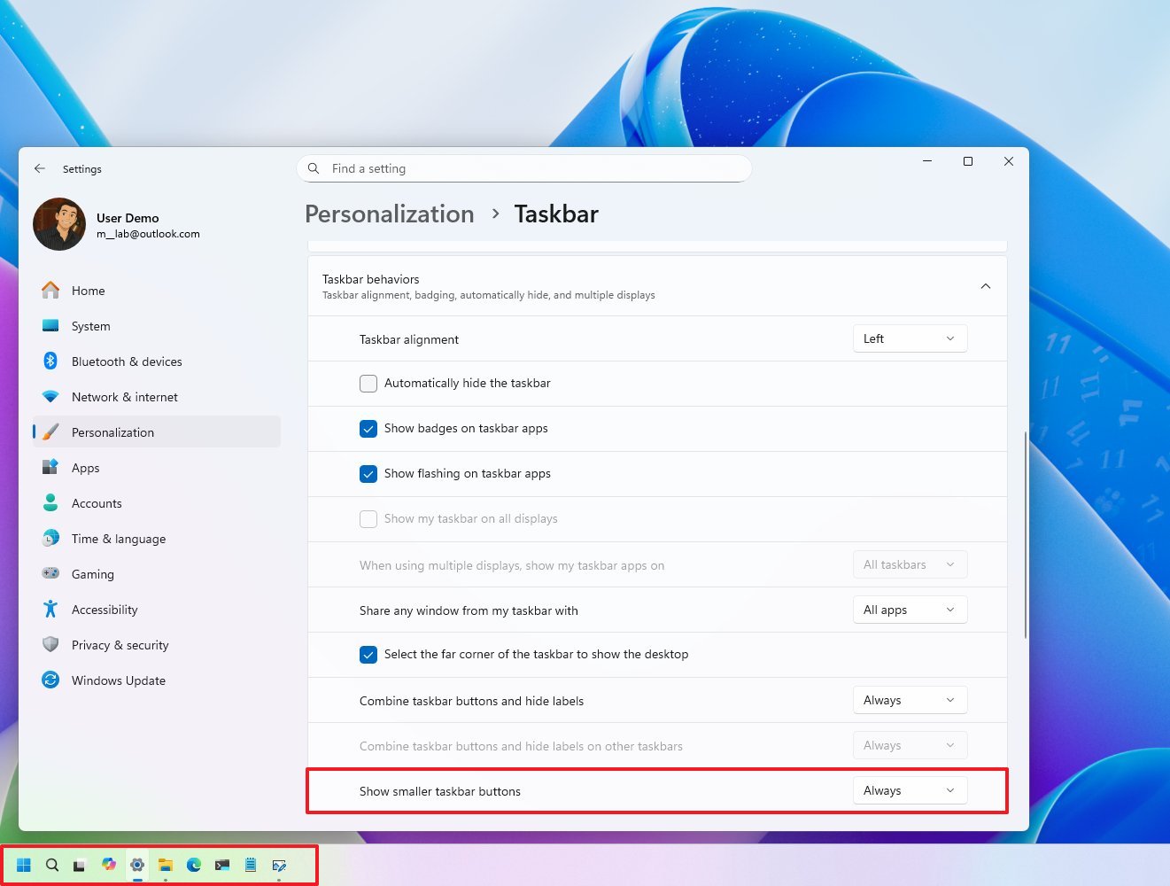 Taskbar with smaller icons