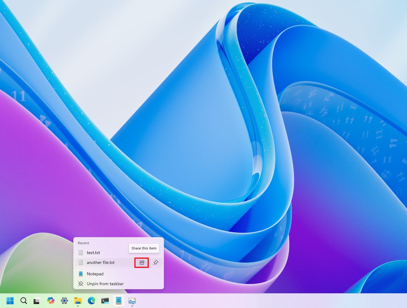 Taskbar with share option from app context menu