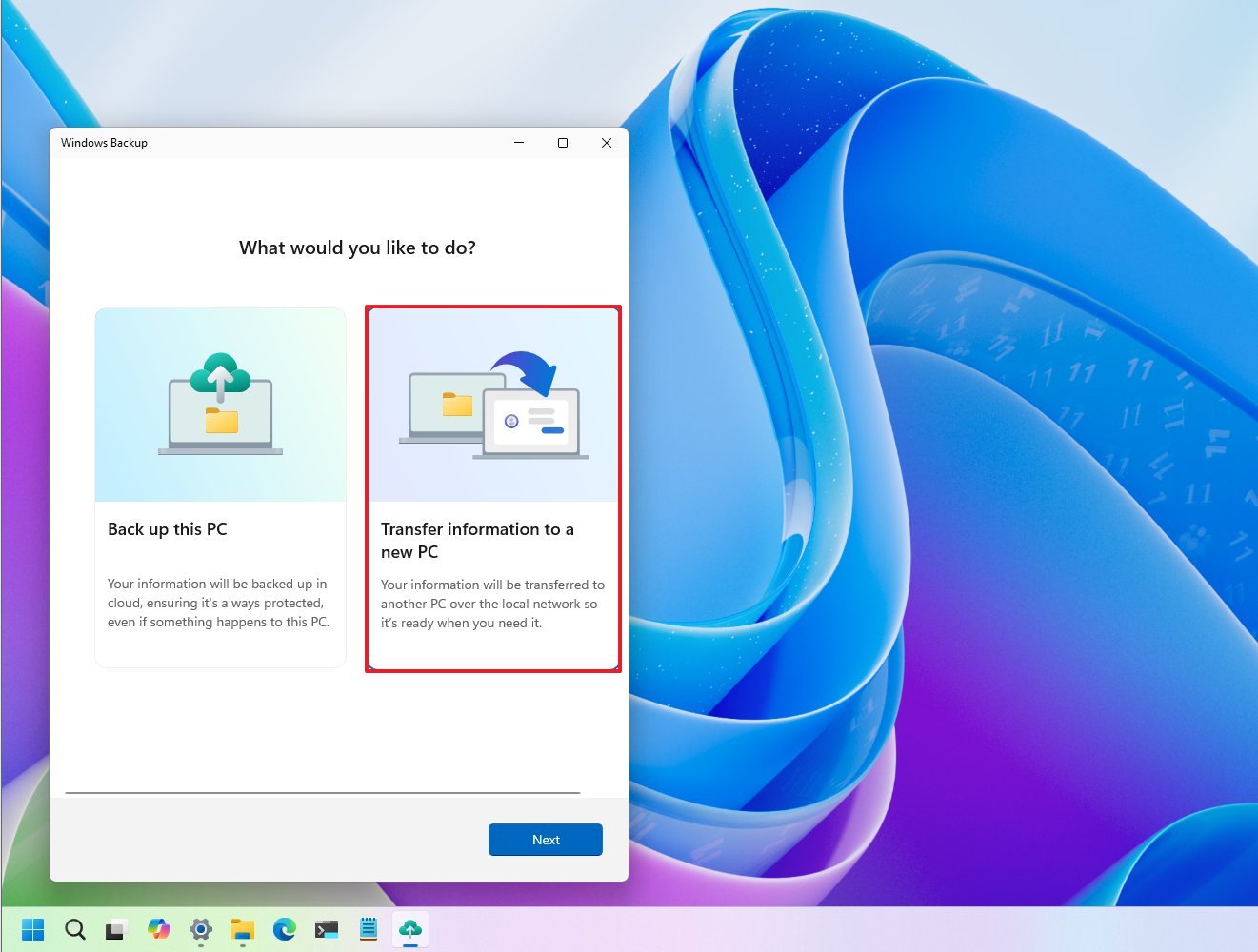 Transfer information to a new PC option in Windows Backup