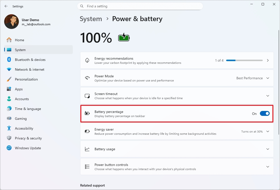 Battery percentage option for the Taskbar
