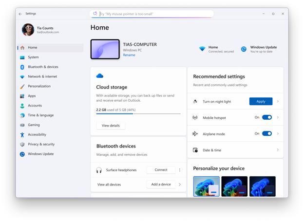 Settings Homepage with options to adjust recently modified settings under “Recommended settings”.