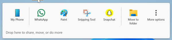 Drag Tray UI shows options to share to apps like WhatsApp, Paint, Snapchat, and movement to other folders.