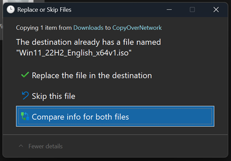 The new replace or skip files dialog in dark mode.