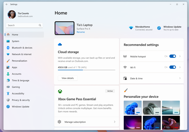 Settings Home page reflects new Game Pass branding and benefits.