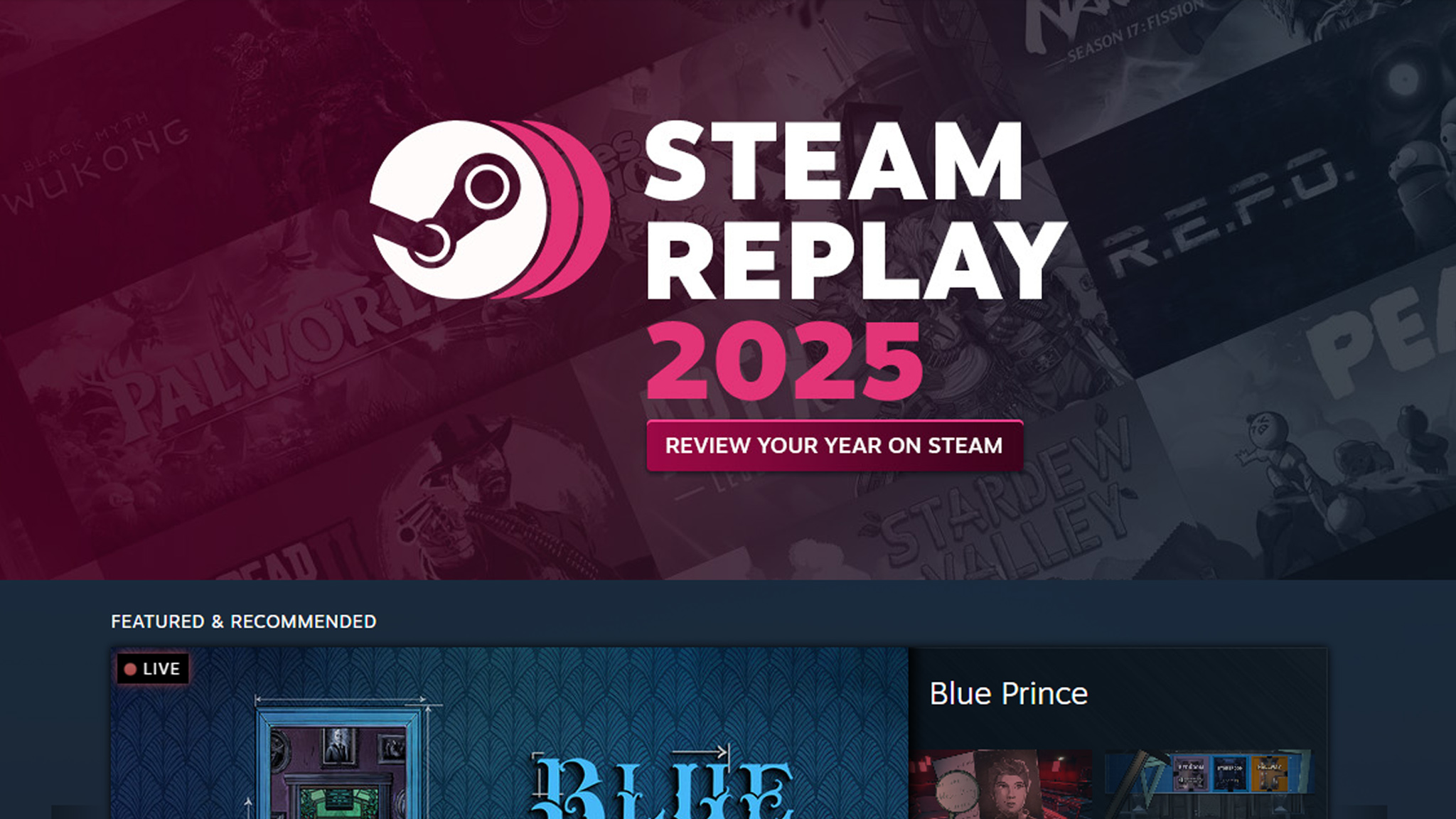 Скриншот главной страницы Steam с баннером Steam Replay 2025.