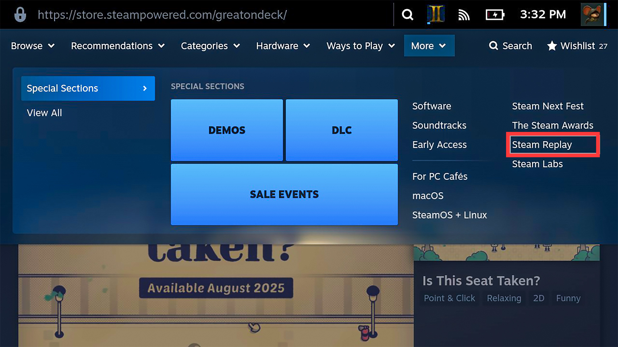 Скриншот, показывающий, что Steam Replay спрятан во вкладке "Ещё" на странице магазина Steam Deck.