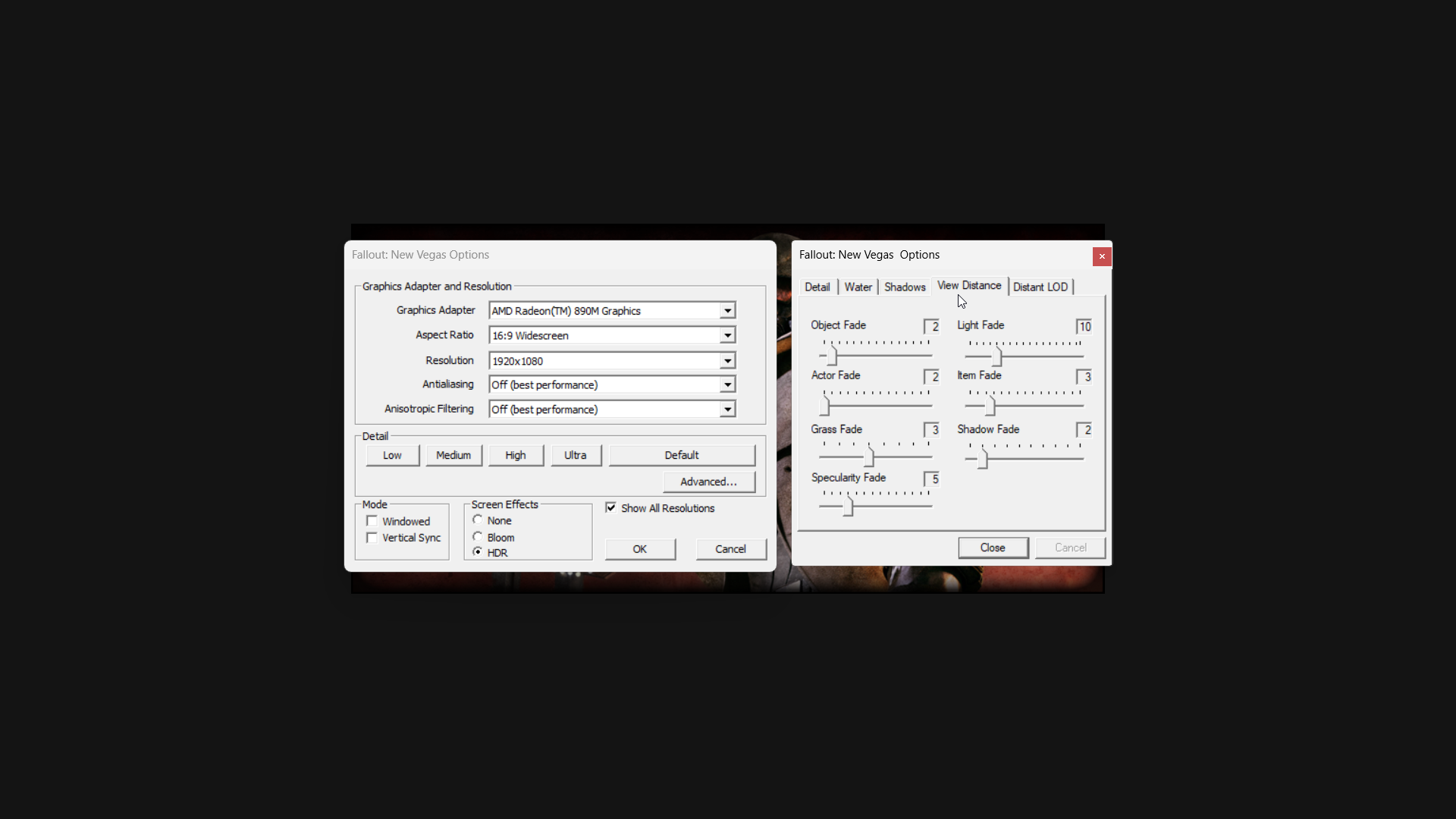Fallout New Vegas графические настройки для портативок