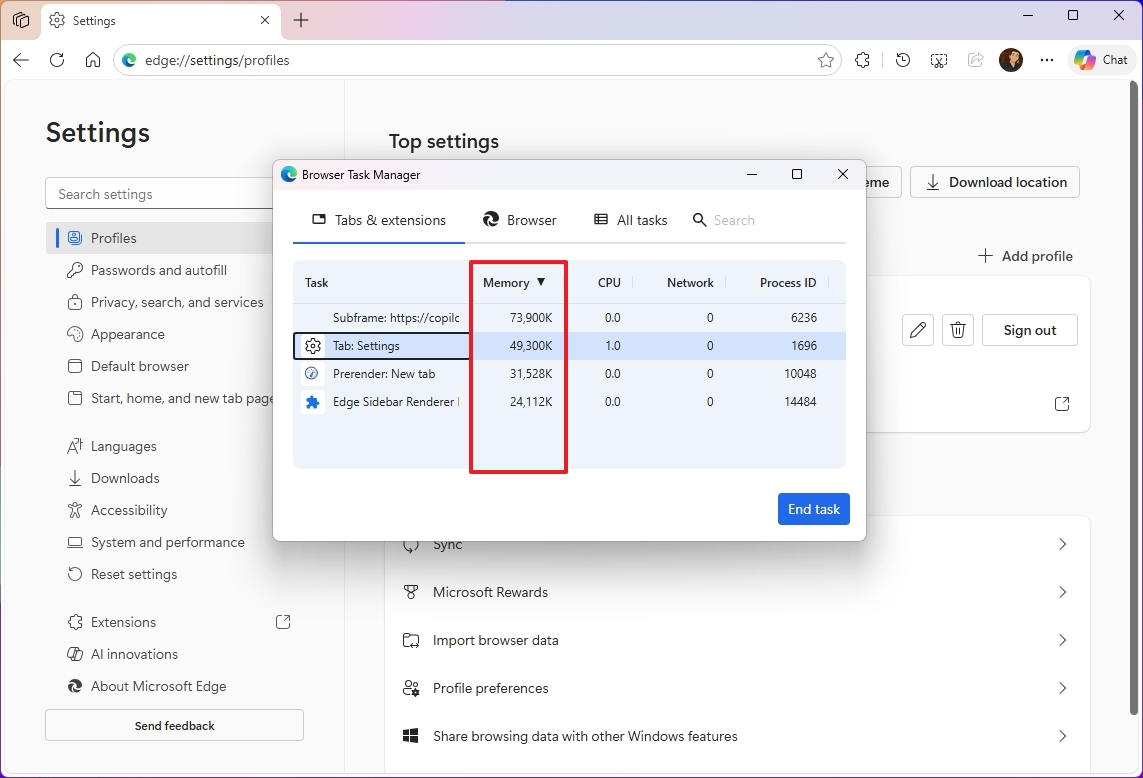 Microsoft Edge Browser Task Manager