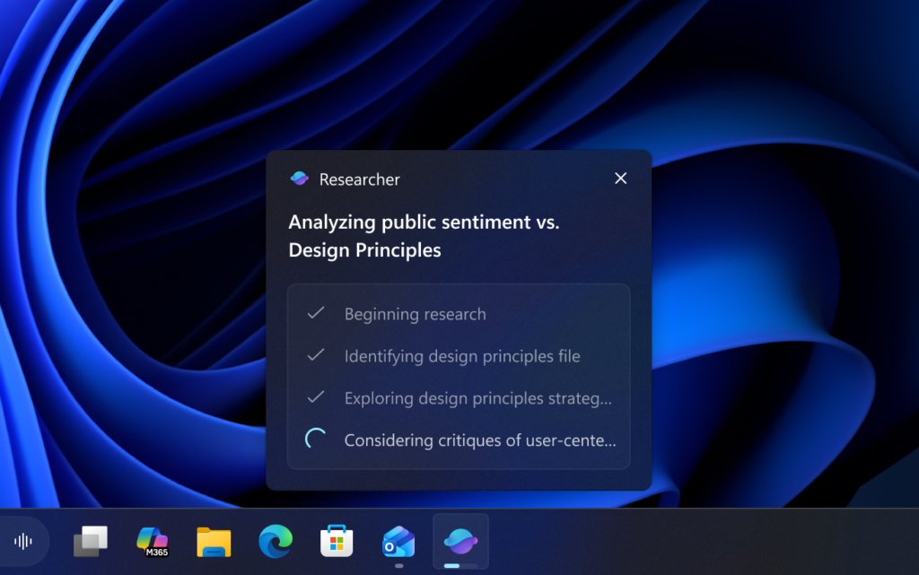 UI showing current progress of Researcher on taskbar hover.