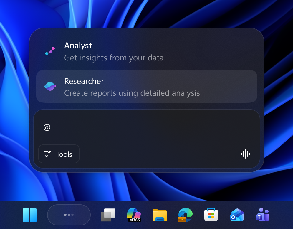 Analyst and Researcher agents in Ask Copilot on the taskbar.
