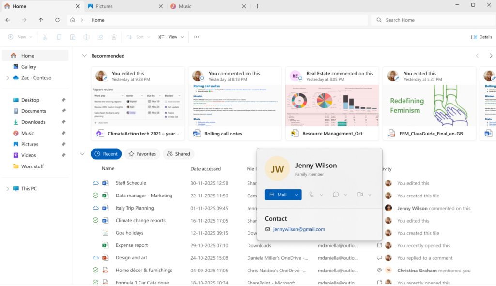 UI showing the File Explorer Windows People Card for a family member.