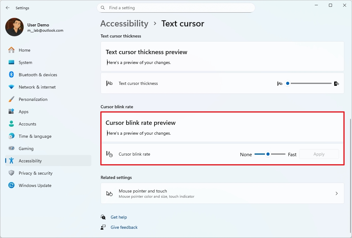 Cursor blink rate setting