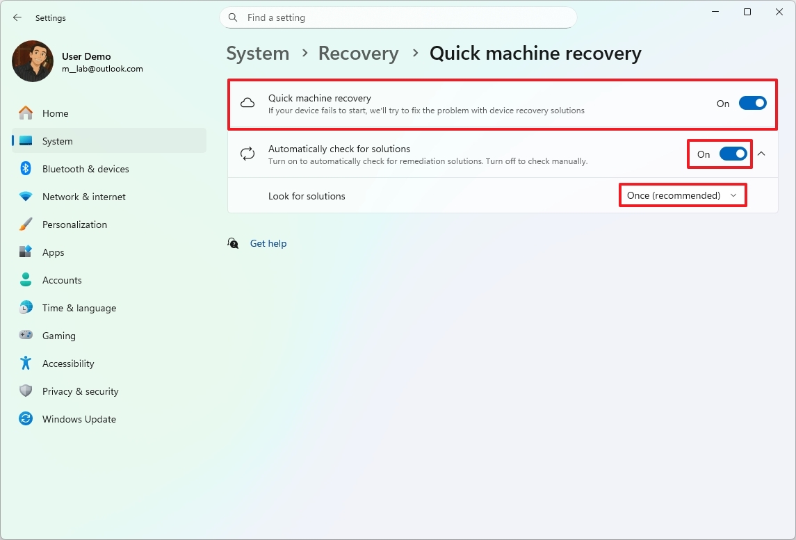 Configure Quick machine recovery