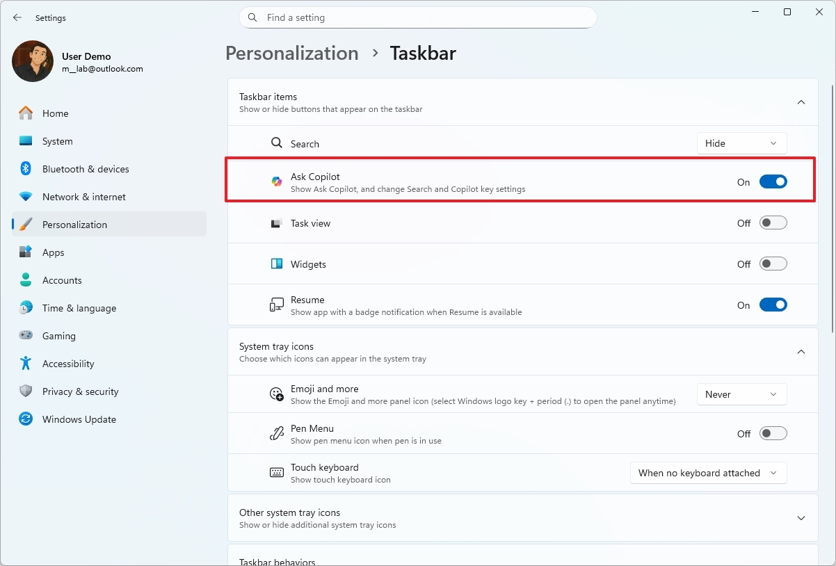 Ask Copilot setting on Windows 11