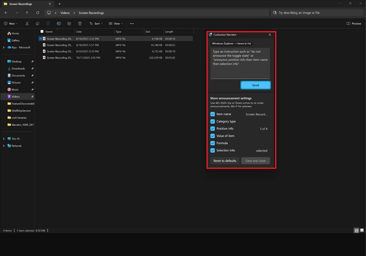 Narrator with customization UI