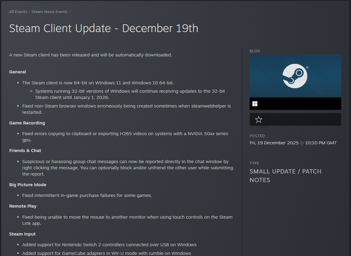 Steam Client update patch notes