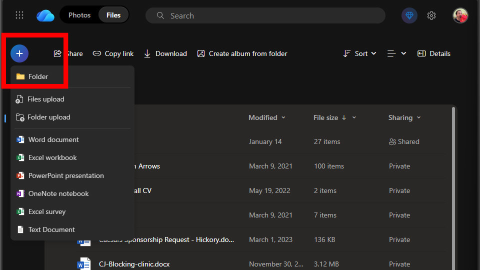 Создание новой папки в OneDrive