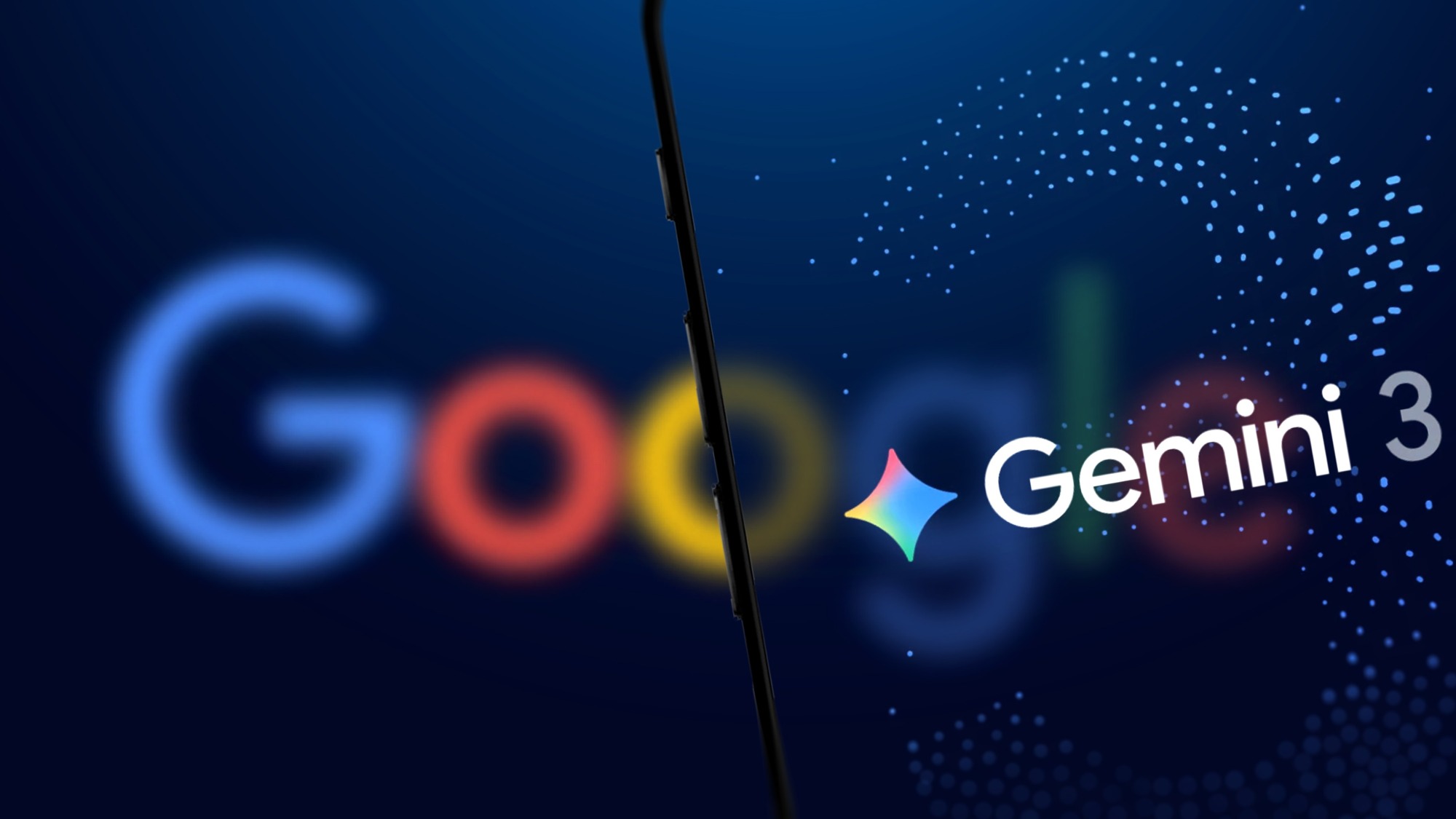 Логотип Gemini 3 отображается на экране смартфона с логотипом Google на заднем плане.