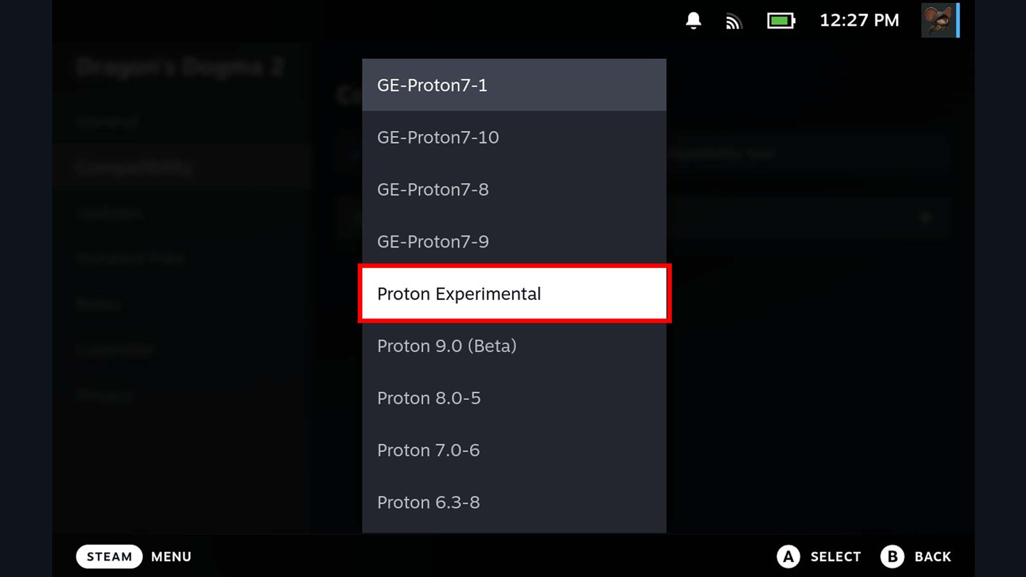 Dragon's Dogma 2 на Steam Deck: выбор Proton Experimental