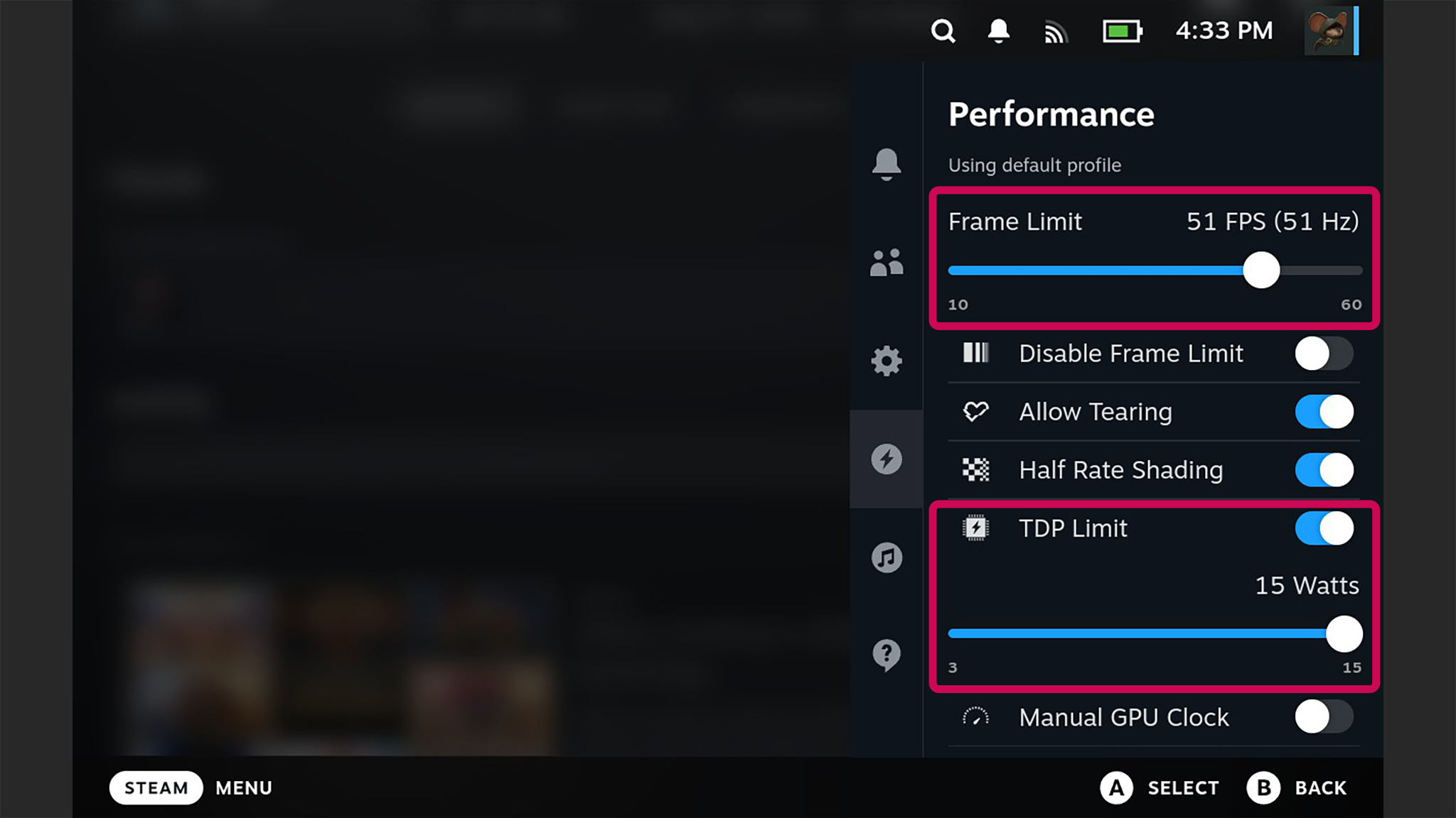 Экран настроек производительности Steam Deck